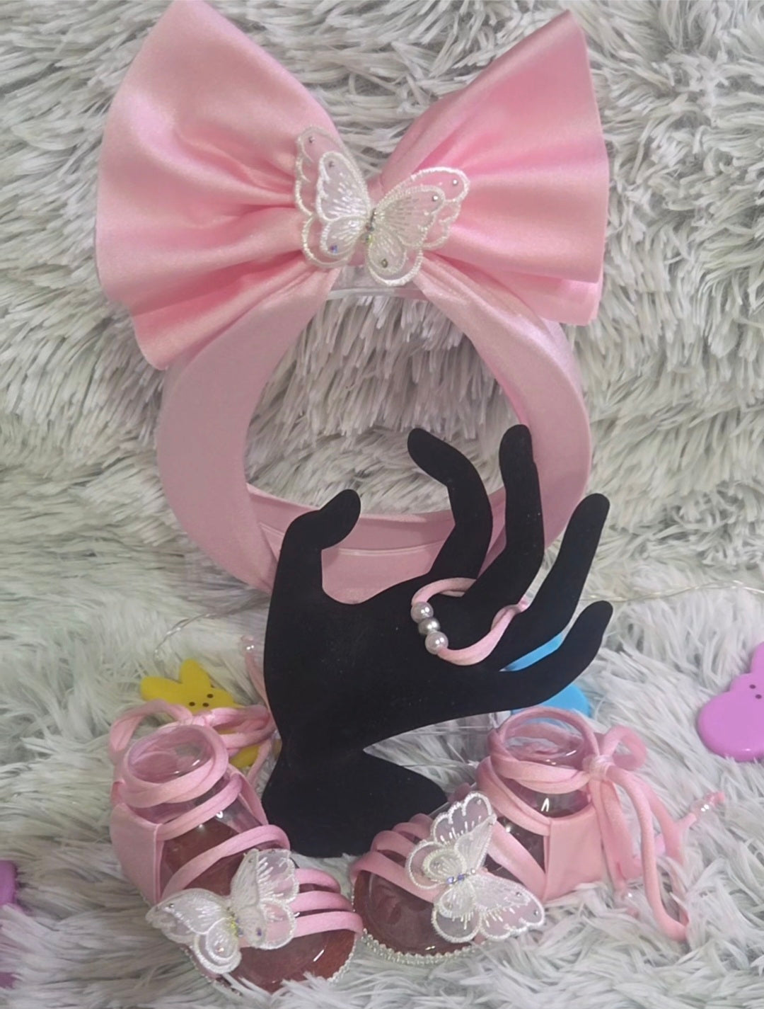 Pink Baby Bow Headband and Sandals Set | Butterfly Baby Girl Outfit | Satin Bow Newborn Shoes | Princess Baby Shower Gift